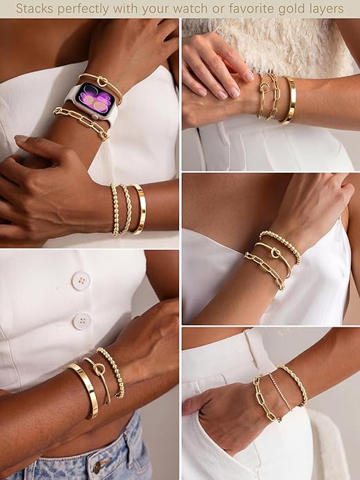 Collage of gold bracelets on wrists with a watch, against a neutral background.
