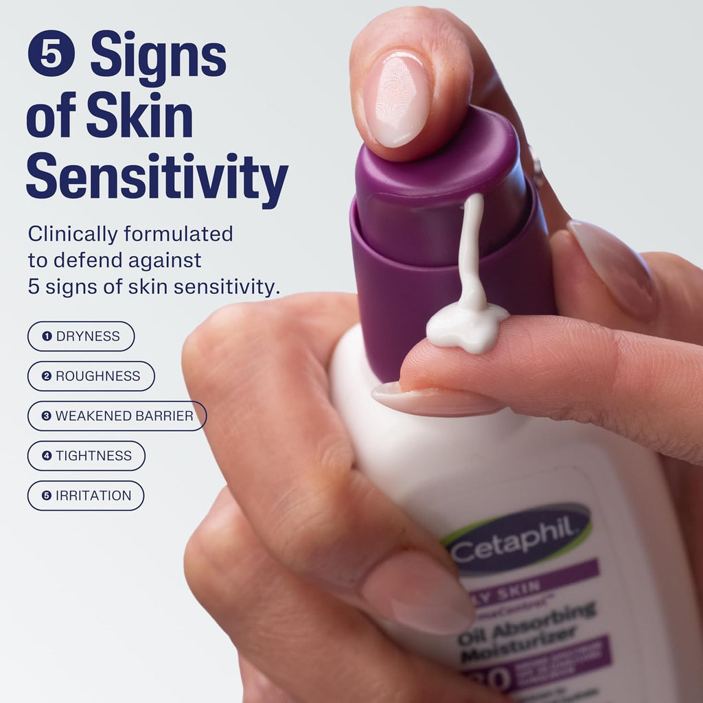 Cetaphil oil-absorbing moisturizer being applied to skin with text about skin sensitivity.