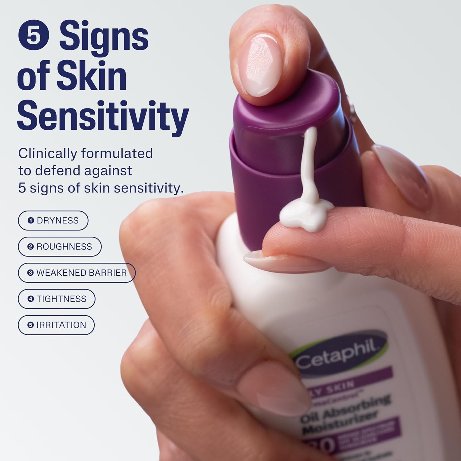 Cetaphil oil-absorbing moisturizer being applied to skin with text about skin sensitivity.