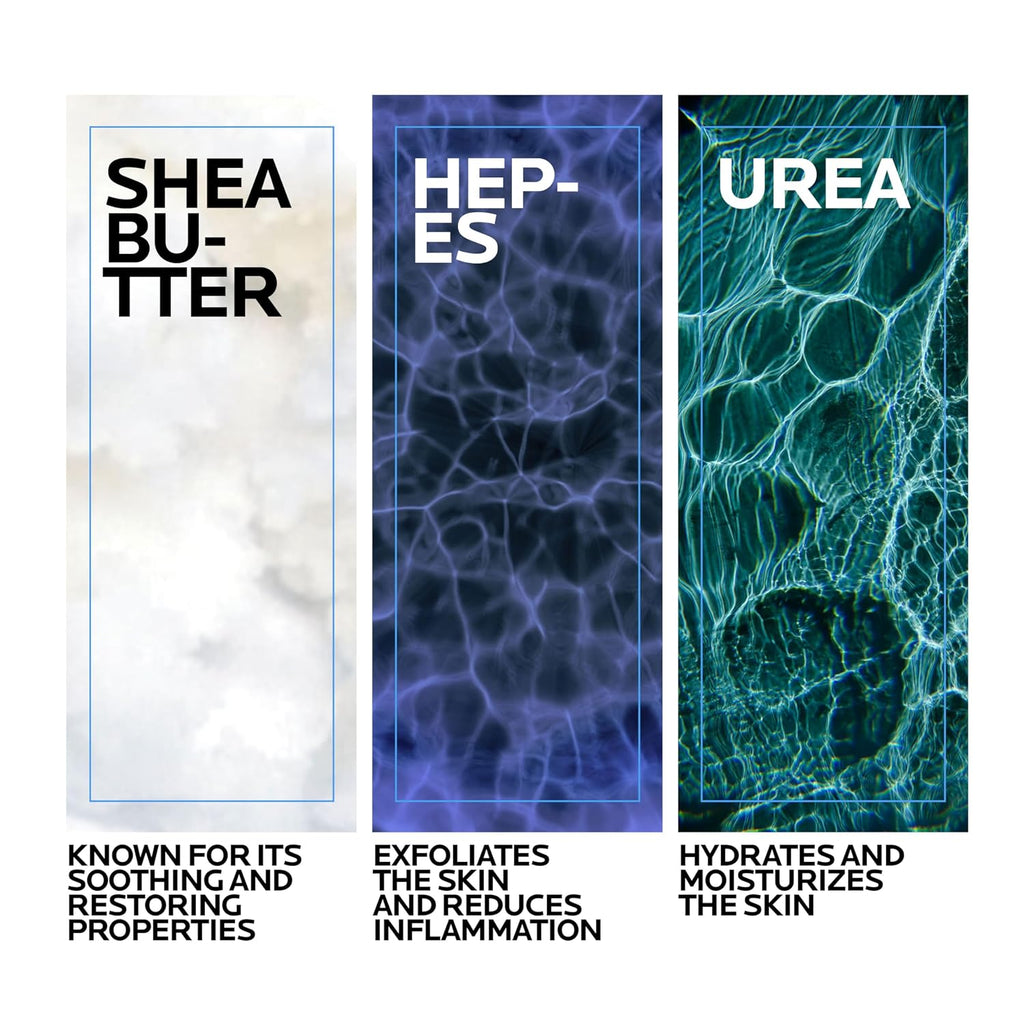 Three vertical panels showcasing shea butter, hepes, and urea with text describing their skin benefits.