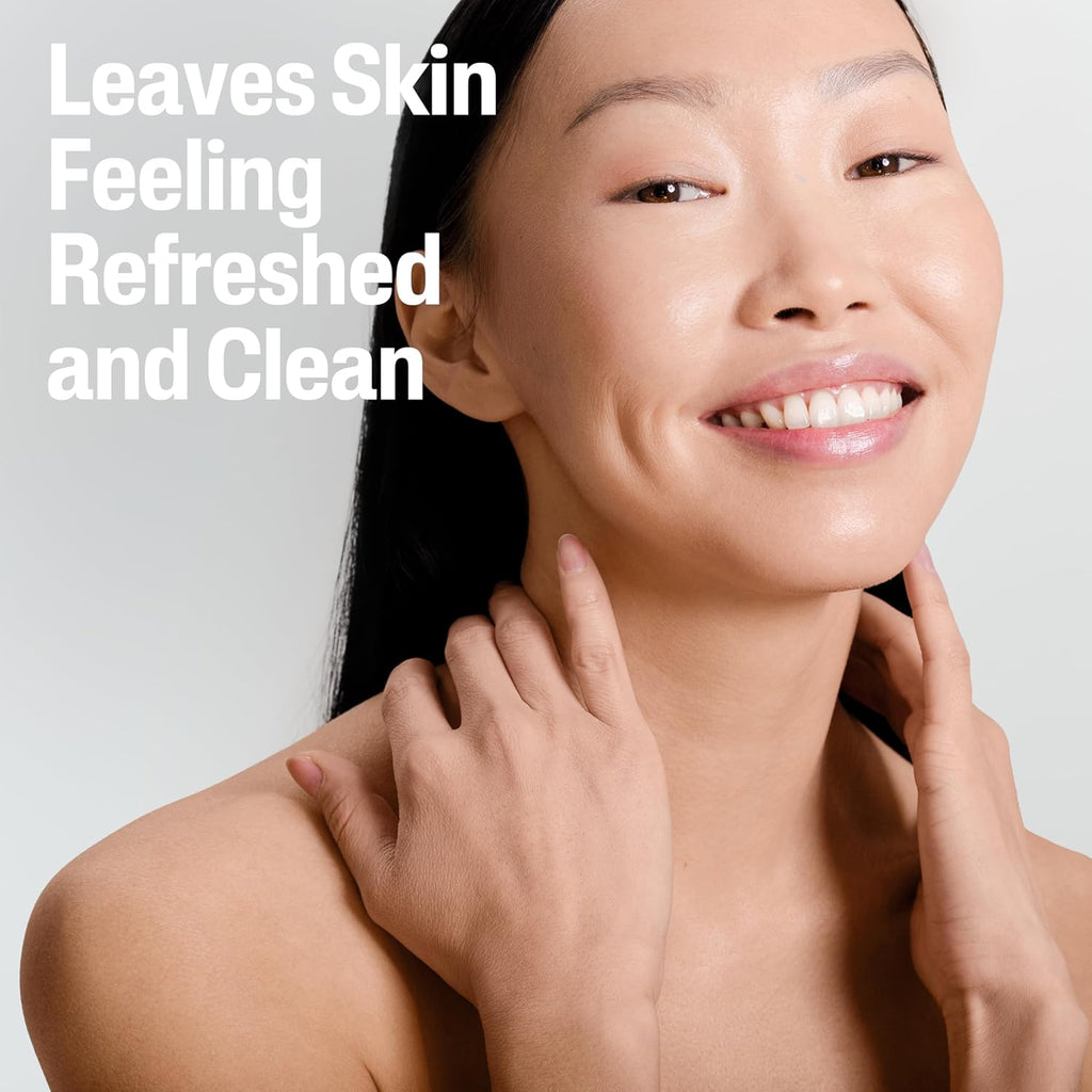 Woman touching her face with a text overlay 'Leaves Skin Feeling Refreshed and Clean' on a light gray background