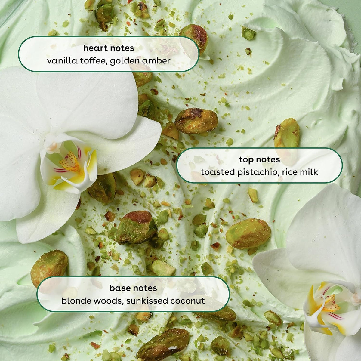 A close-up of a whipped cream or lotion texture in pale mint green, topped with chopped pistachios and overlaid with labeled scent notes: heart notes, top notes, and base notes. White orchid flowers are visible around the edges.