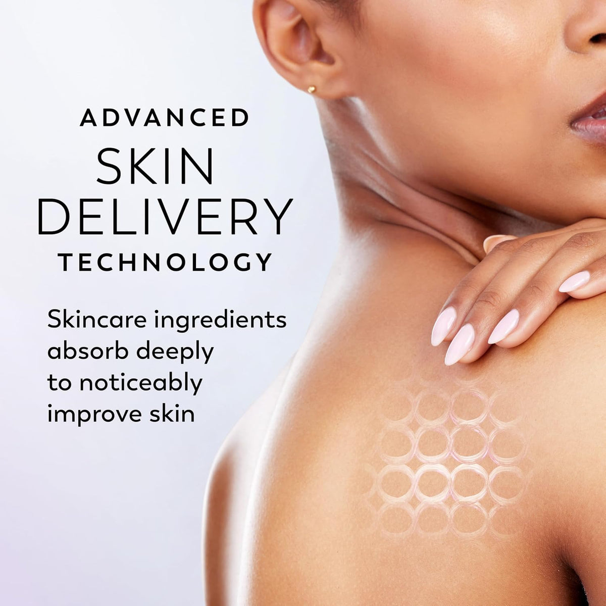 Close-up of a woman's shoulder and upper chest with skincare text on the left reading 'ADVANCED SKIN DELIVERY TECHNOLOGY' and 'Skincare ingredients absorb deeply to noticeably improve skin.' A faint circular absorption pattern is overlaid on the skin.