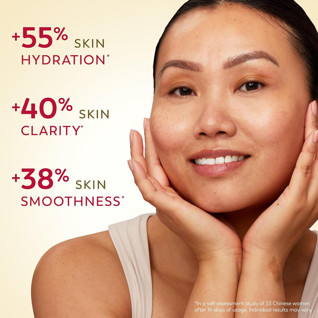 Woman with clear skin showing +55% skin hydration, +40% skin clarity, and +38% skin smoothness benefits.