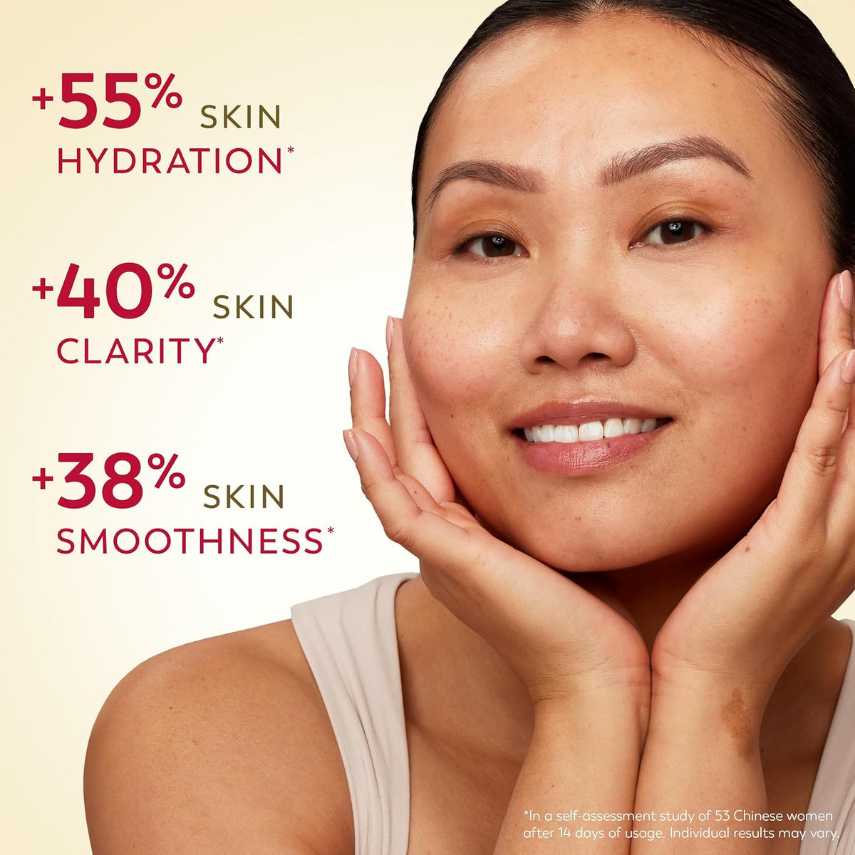 Woman with clear skin showing +55% skin hydration, +40% skin clarity, and +38% skin smoothness benefits.