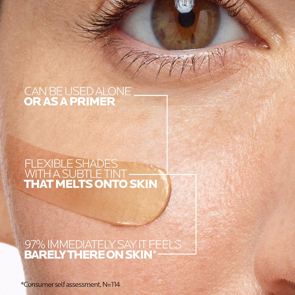 Close-up of a person's eye with makeup application and product information text overlay.