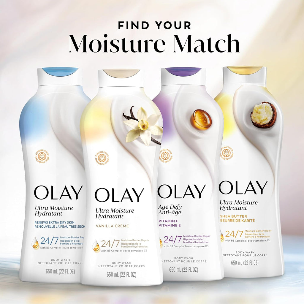 4 white bottle of PEG Beauty clinically proven all day moisture body wash, 