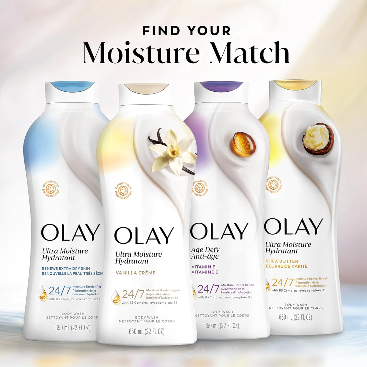 4 white bottle of PEG Beauty clinically proven all day moisture body wash, 