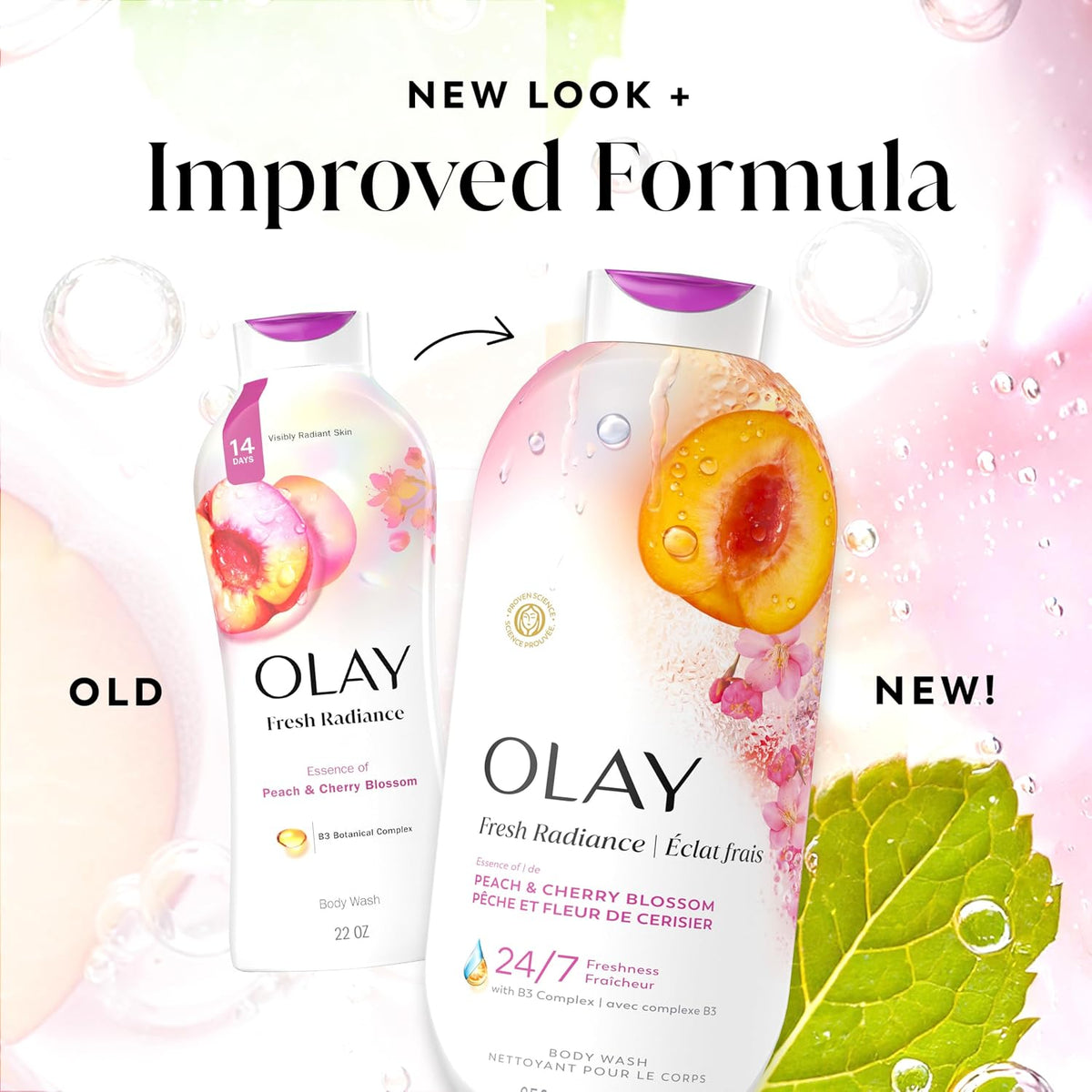 OLAY Fresh Radiance body wash bottles with 'New Look' and 'Improved Formula' text on a colorful background.