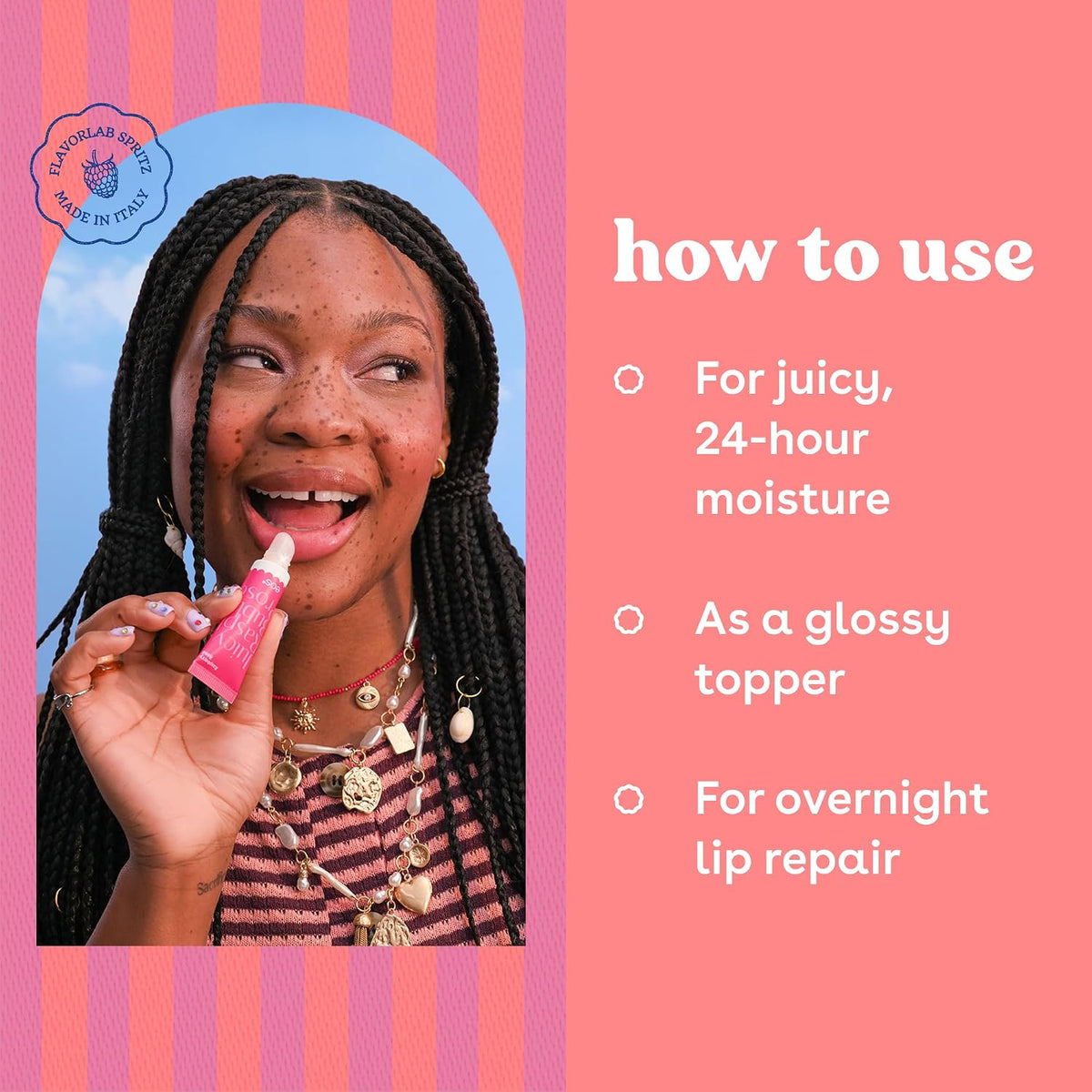 A pink and purple graphic with a woman holding a pink lip balm tube, alongside text reading 'how to use' and bullet points about moisturizing, glossy topper, and overnight lip repair. A circular logo says 'NAILGIRL MADE IN NOLA'.