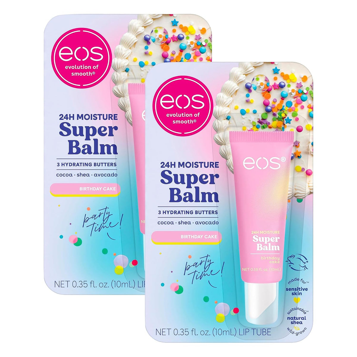 Two EOS Evolution of Smooth Super Balm lip balm tubes in pink packaging, displayed in front of their retail cards. The flavor is Birthday Cake, with a pink and light blue gradient design and colorful confetti graphics.