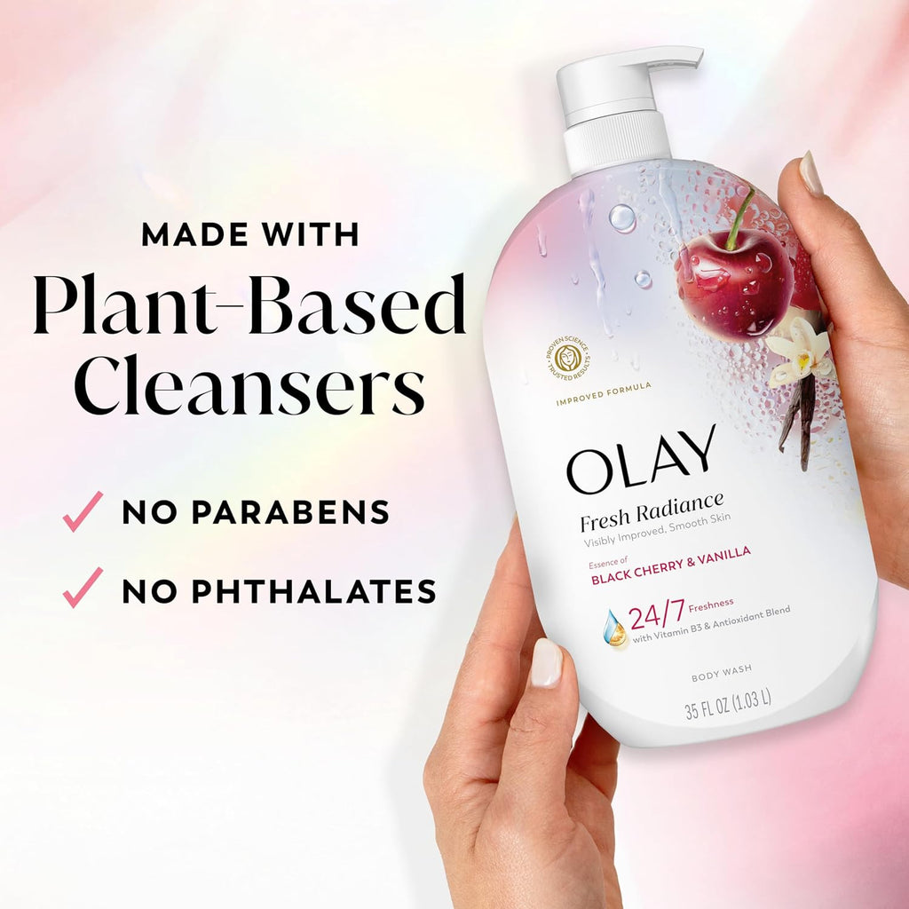 Olay body wash bottle held by a hand with text about plant-based cleansers and ingredient safety.