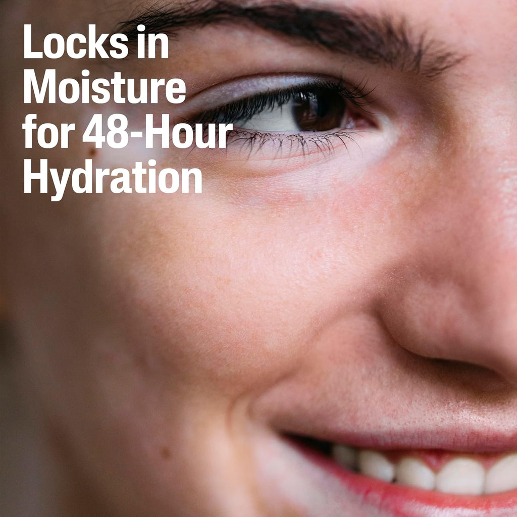 Close-up of a person's eye with text overlay about moisture and hydration.