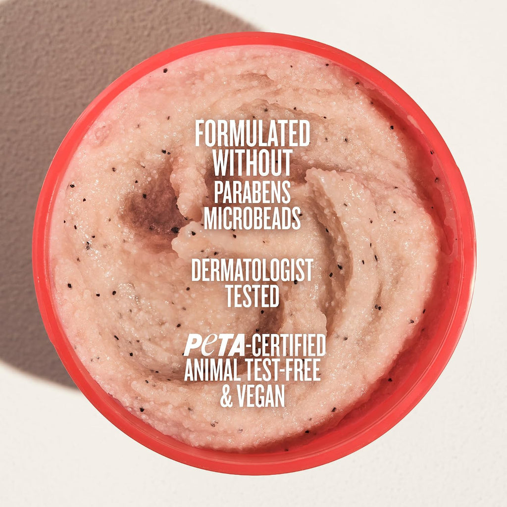 Red container of pink scrub with text on a beige background