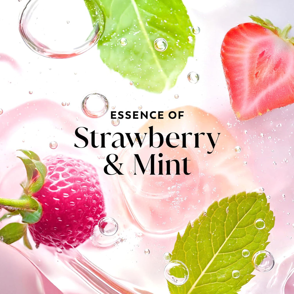Strawberries and mint leaves with water droplets and the text 'Essence of Strawberry & Mint'.