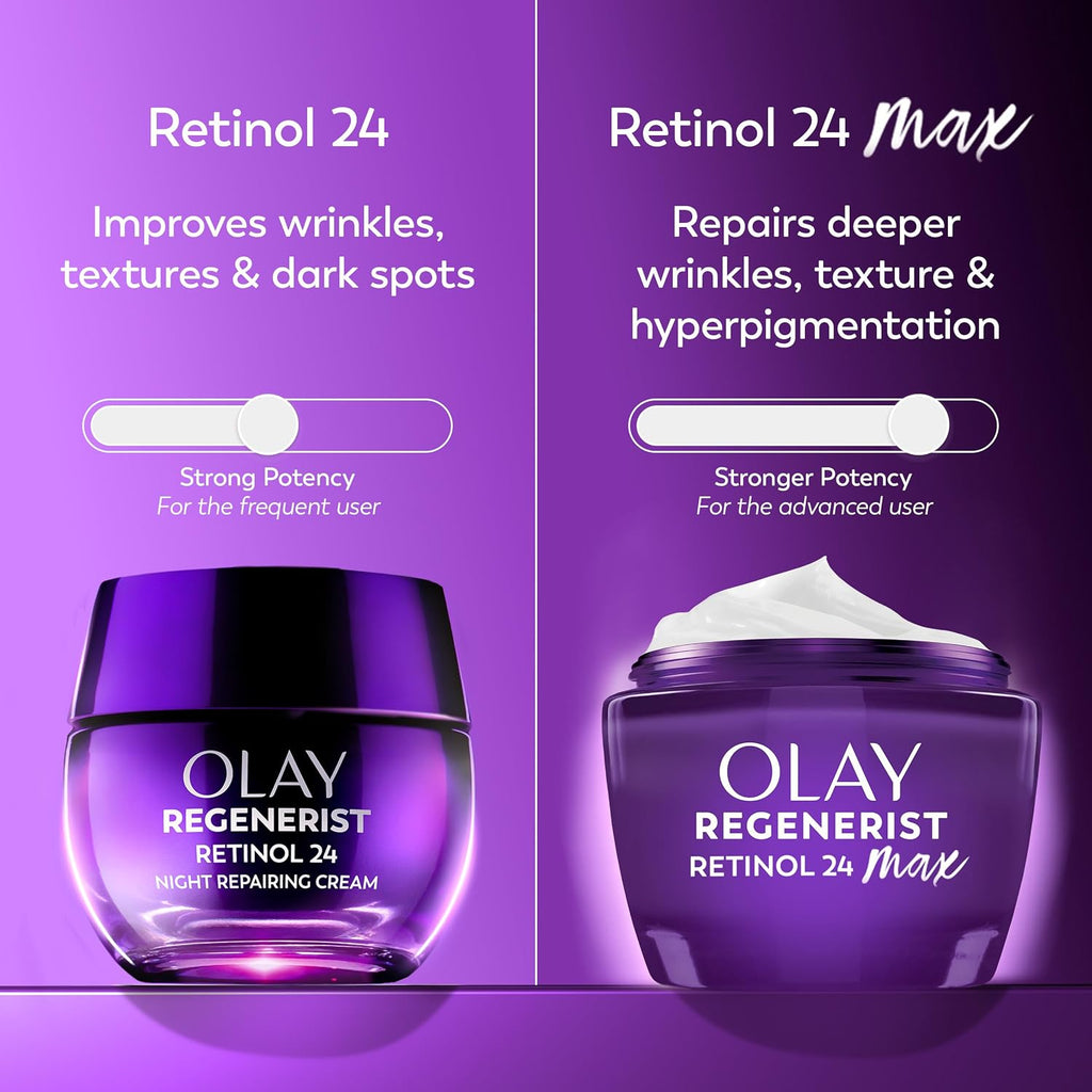 Olay Regenerist Retinol 24 and Retinol 24 Max cream jars with text on a purple background