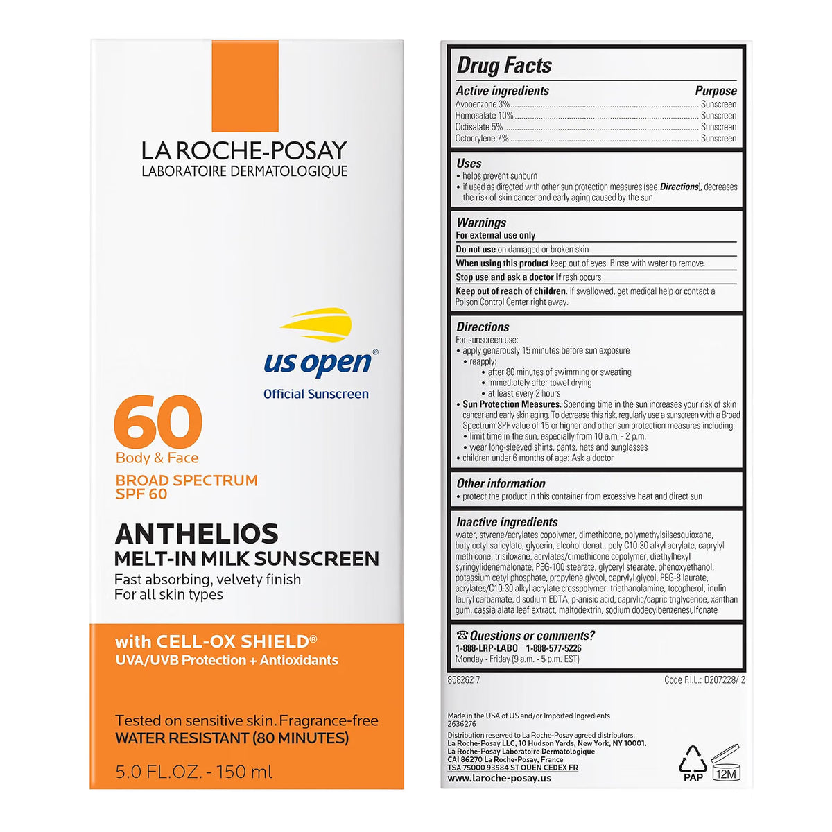 Front and back of a La Roche-Posay Anthelios melt-in sunscreen tube, showing the orange and white front label with '60 Body & Face Broad Spectrum SPF 60' and the back label with drug facts and directions.