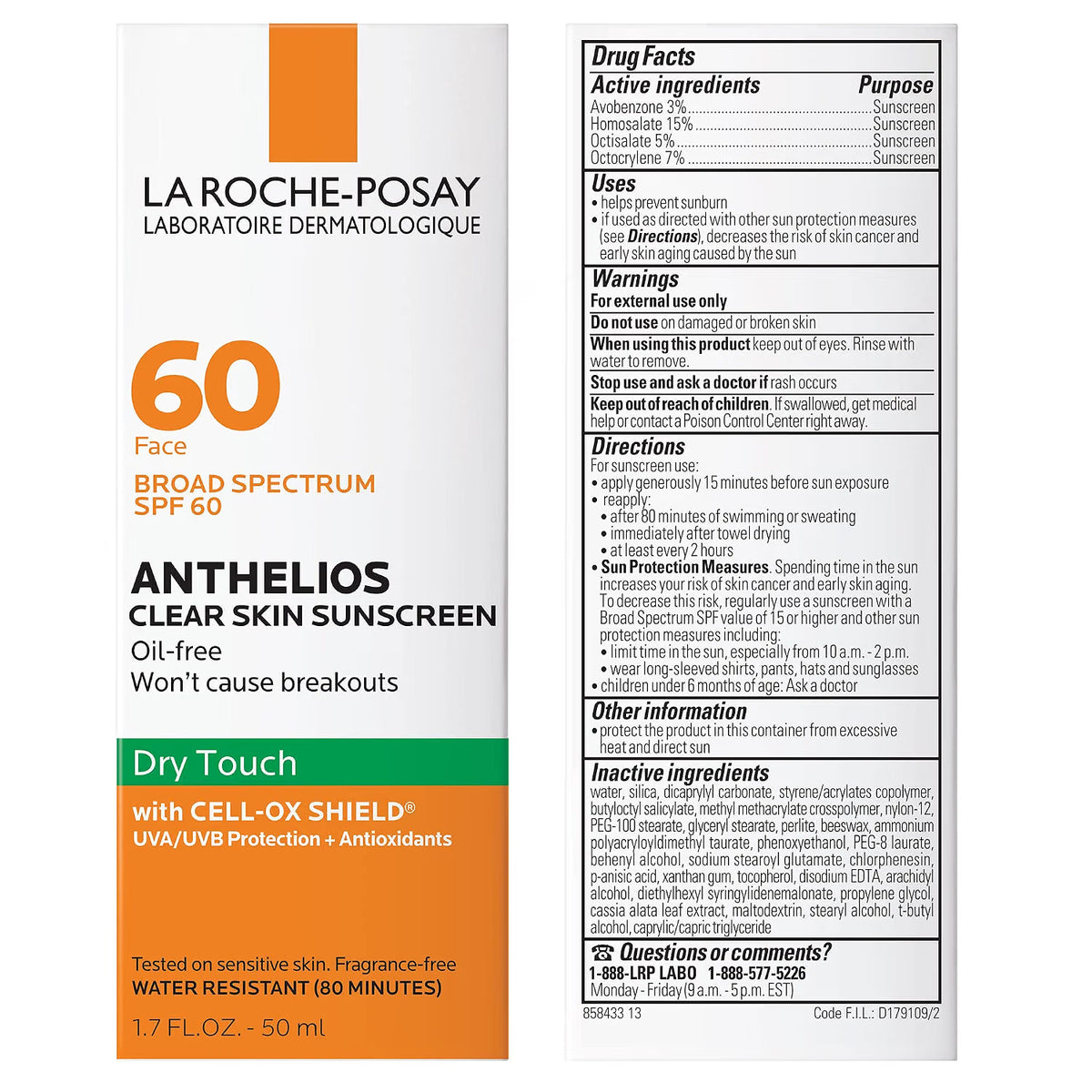 Front and back of a La Roche-Posay Anthelios Clear Skin Sunscreen 60 Face bottle package, showing the white and orange front panel with SPF 60 text and the back panel with drug facts, directions, and warnings.