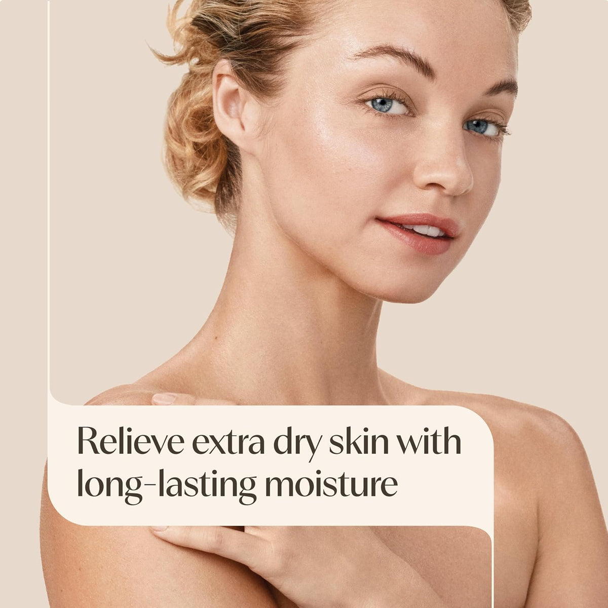 Woman with dry skin on a beige background with text about relieving dry skin.