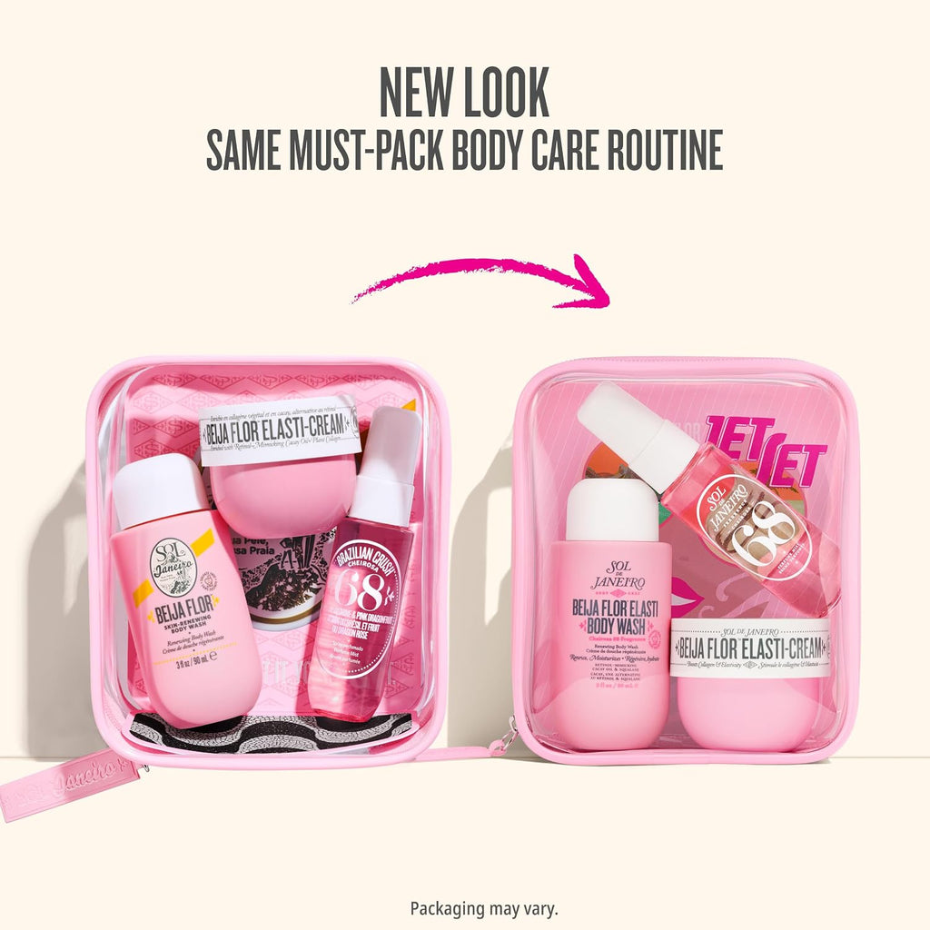 Body care product set with pink packaging on a white background