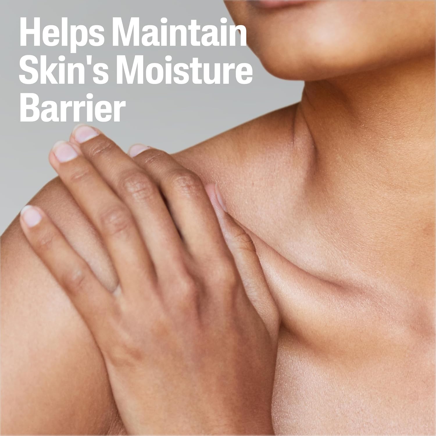 Close-up of a person's shoulder and arm with text about maintaining skin's moisture barrier.
