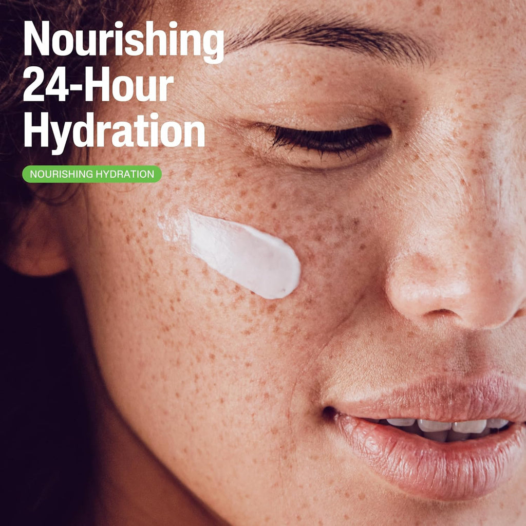 Close-up of a person's face with a skincare product applied, text 'Nourishing 24-Hour Hydration' displayed.