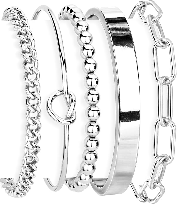 Set of silver bracelets with different designs on a white background