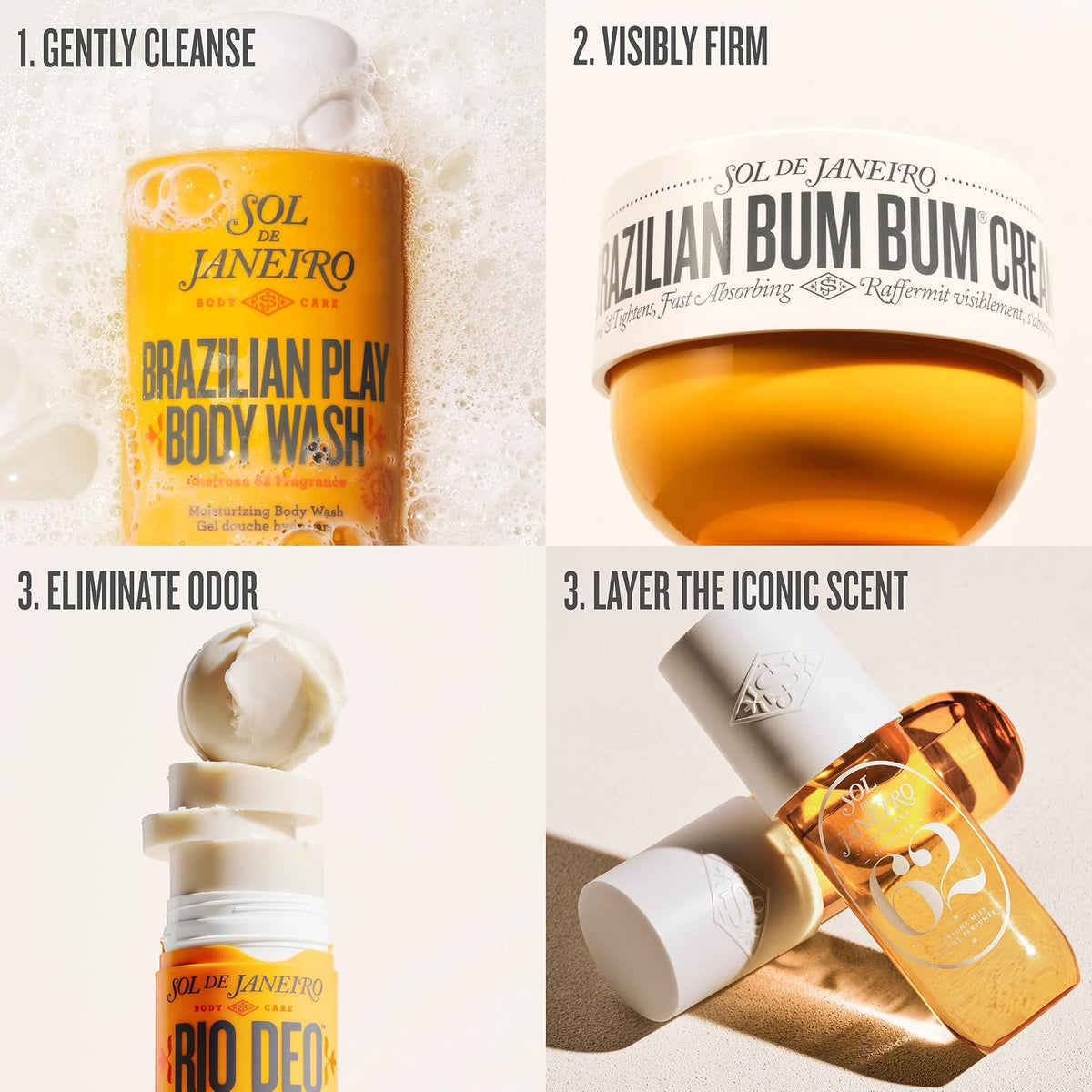 Sol de Janeiro | Sun-Kissed Body Wash, Bum Bum Cream, Perfume Mist & Rio Deo Travel Bundle Cheirosa 62 — 4 Pieces