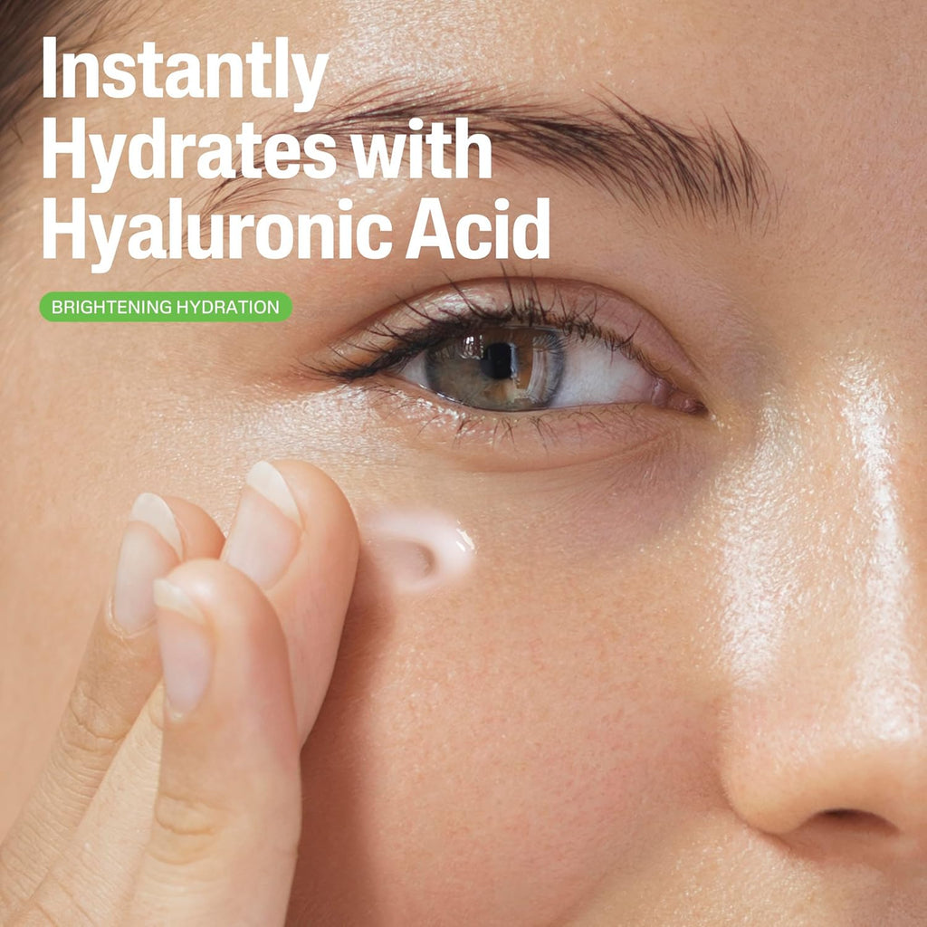 Close-up of a person applying cream to their face with text about hyaluronic acid hydration.