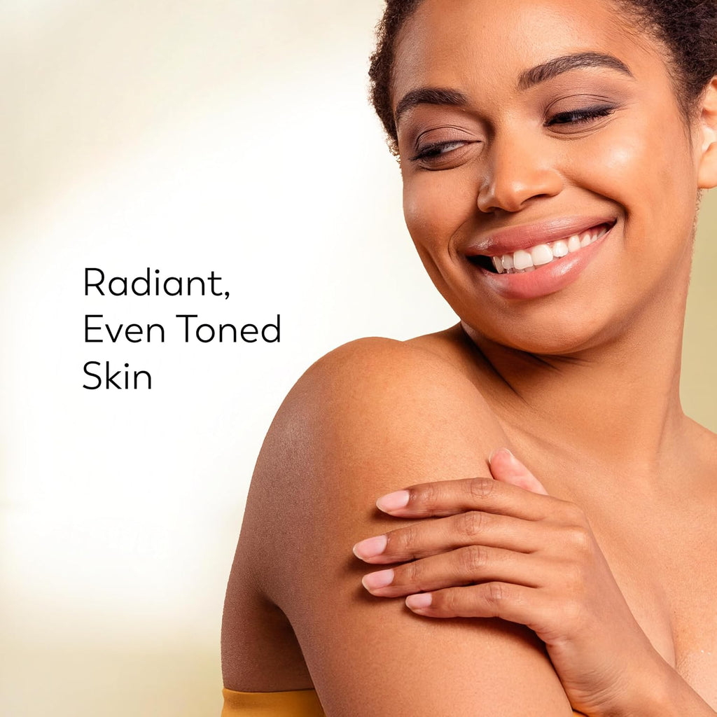 A smiling woman with radiant, even-toned skin is shown from the shoulders up against a soft cream background, with the text 'Radiant, Even Toned Skin' on the left.