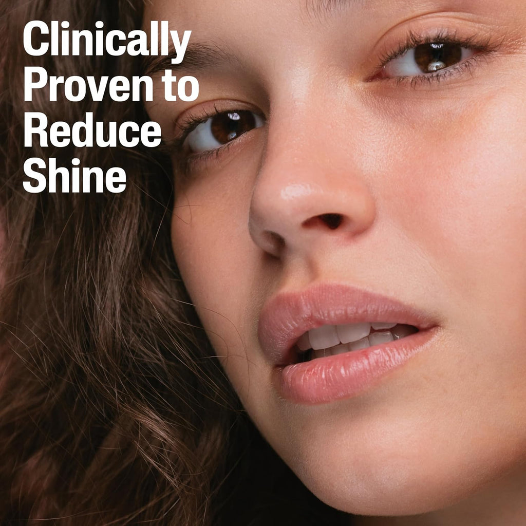 Close-up of a person's face with text 'Clinically Proven to Reduce Shine'.