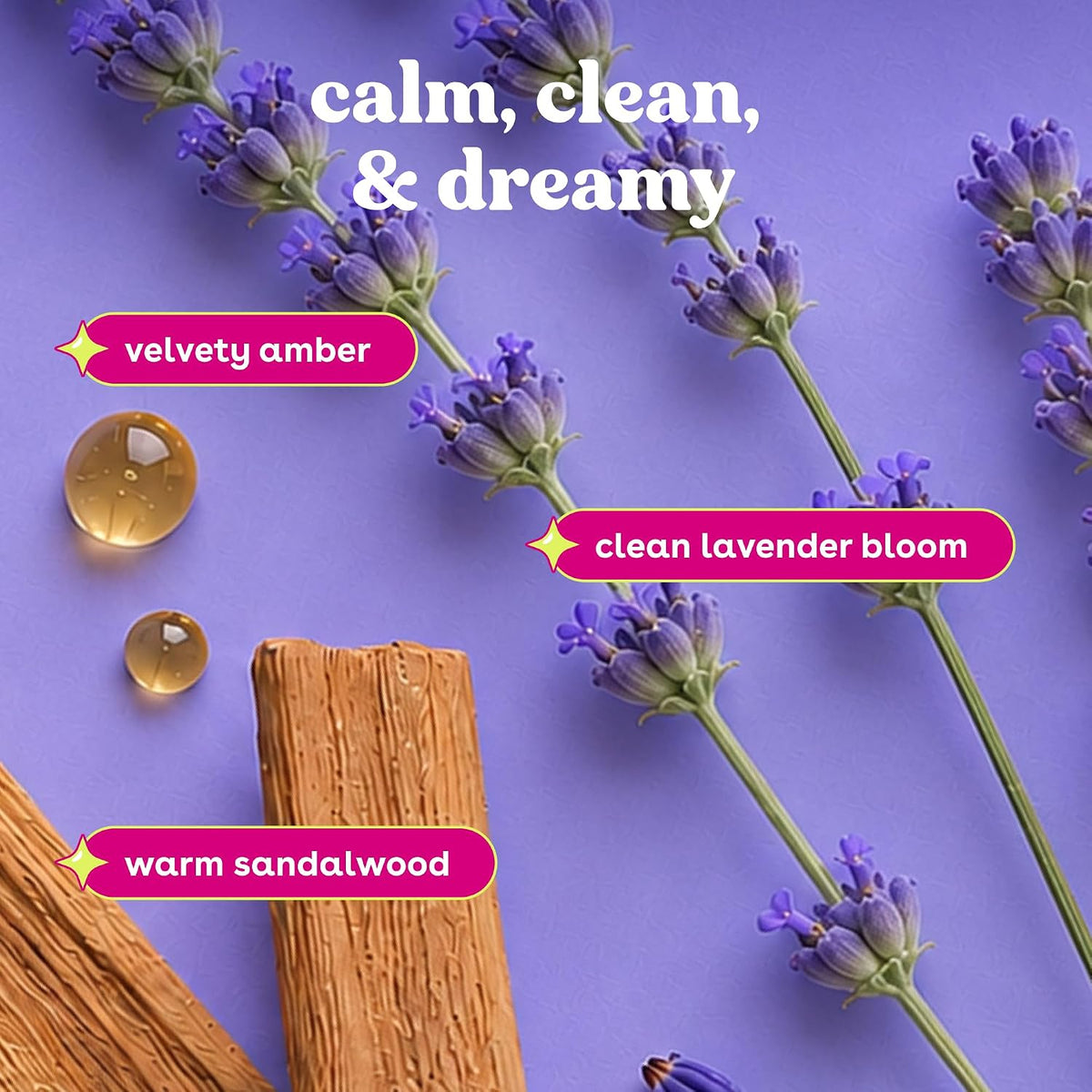 A styled flat-lay with lavender flower sprigs, a wooden sandalwood block, two amber droplets, and overlaid text reading 'calm, clean, & dreamy' plus labels 'velvetty amber,' 'clean lavender bloom,' and 'warm sandalwood' on a lavender-purple background.