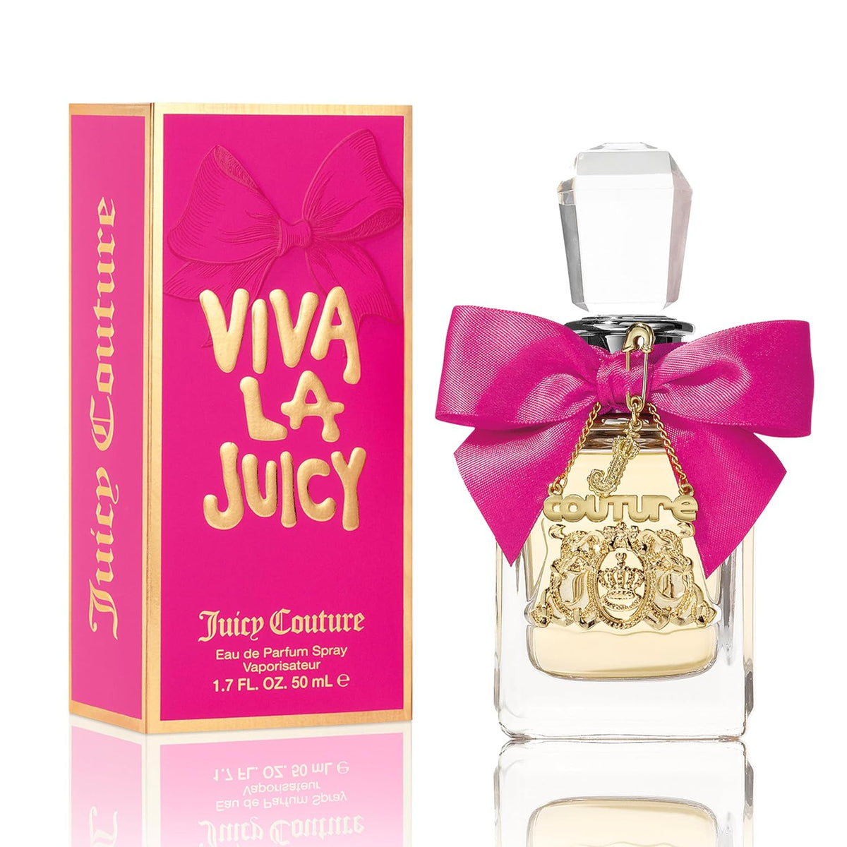 Juicy Couture Viva La Juicy perfume bottle and packaging with a pink bow on a white background