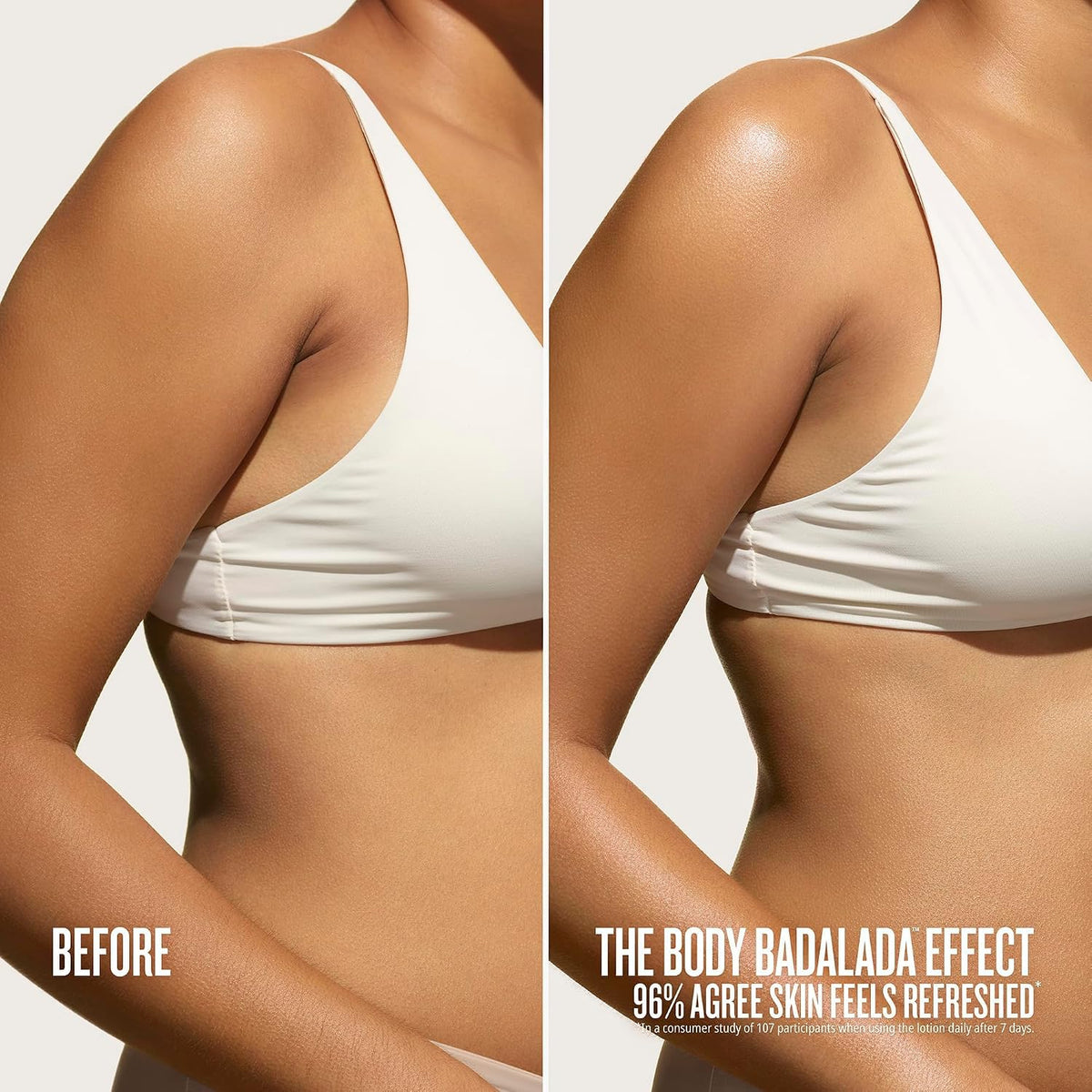 Before-and-after split comparison of a woman's upper torso wearing a white bikini top, showing skin appearance under bright light. Text at the bottom reads 'BEFORE' on the left and 'THE BODY BADALADA EFFECT 96% AGREE SKIN FEELS REFRESHED' on the right.