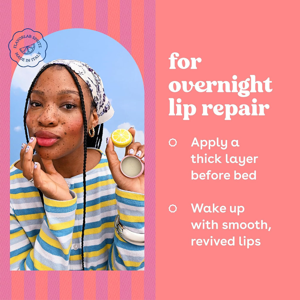 Promotional graphic for a lip balm, featuring a woman holding a lemon half and a small round balm container, with text that says 'for overnight lip repair' and application instructions on a pink and purple striped background.