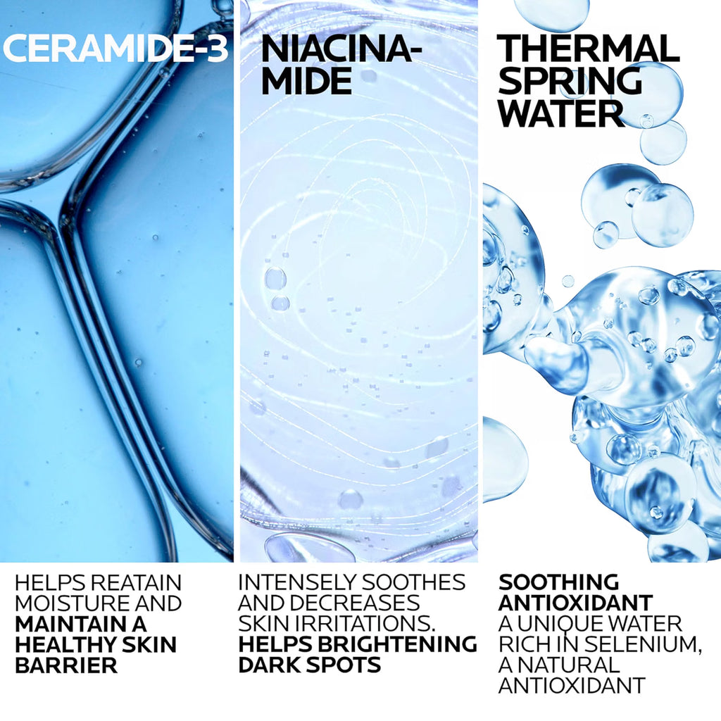 Three skincare ingredients with their benefits: Ceramide-3, Niacinamide, and Thermal Spring Water.