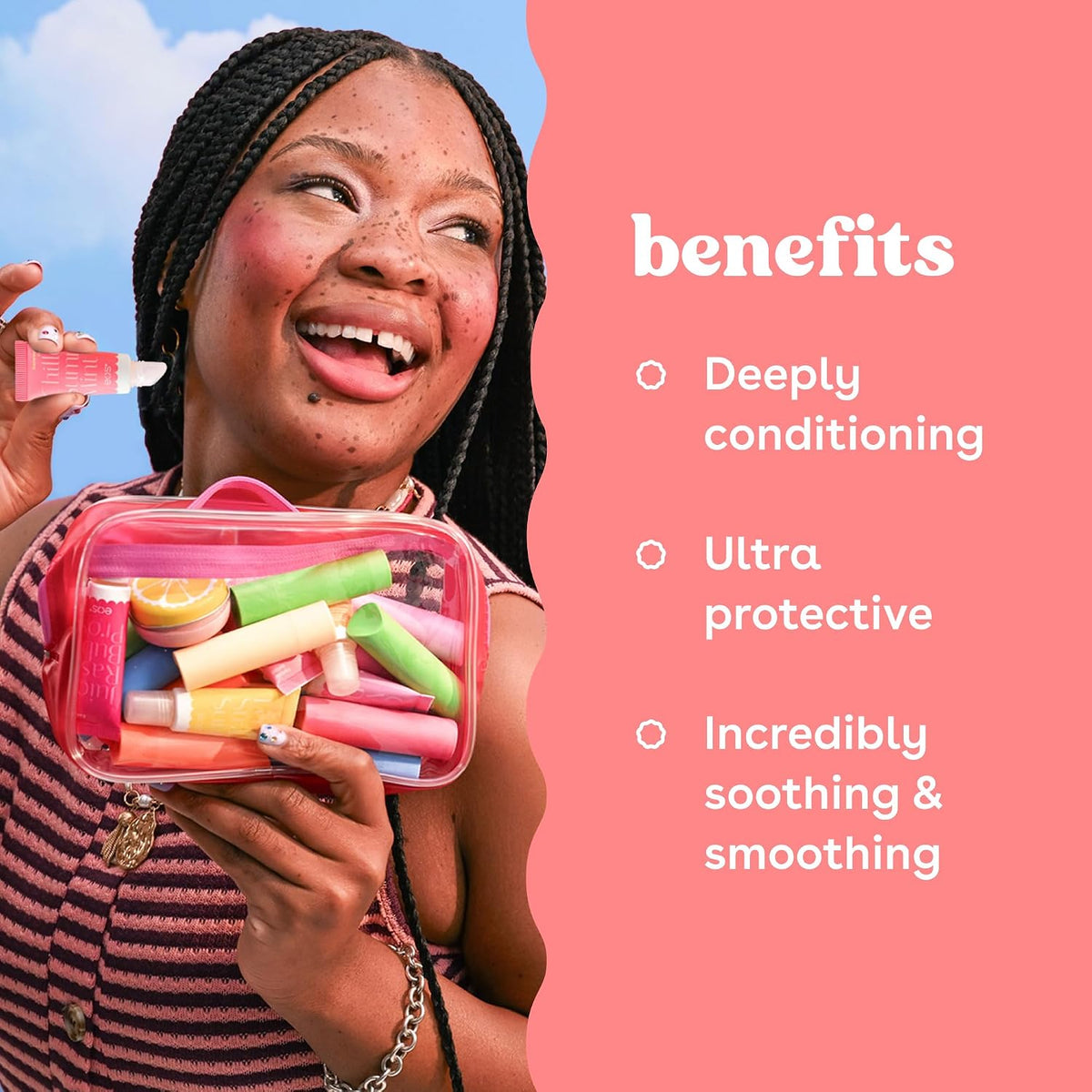 Woman holding a container of lip balms with text listing benefits on a pink background