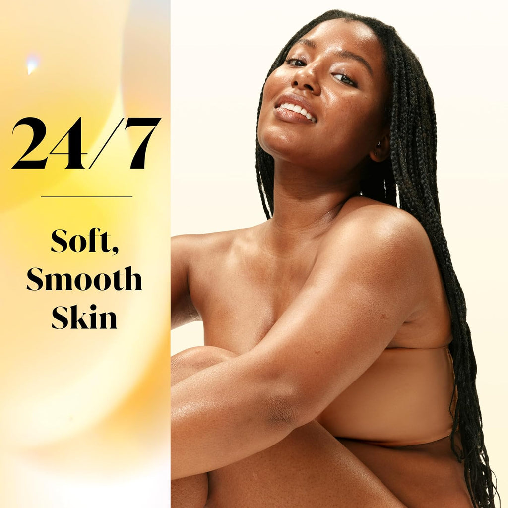 Woman with smooth skin on a beige background with text '24/7 Soft, Smooth Skin'.