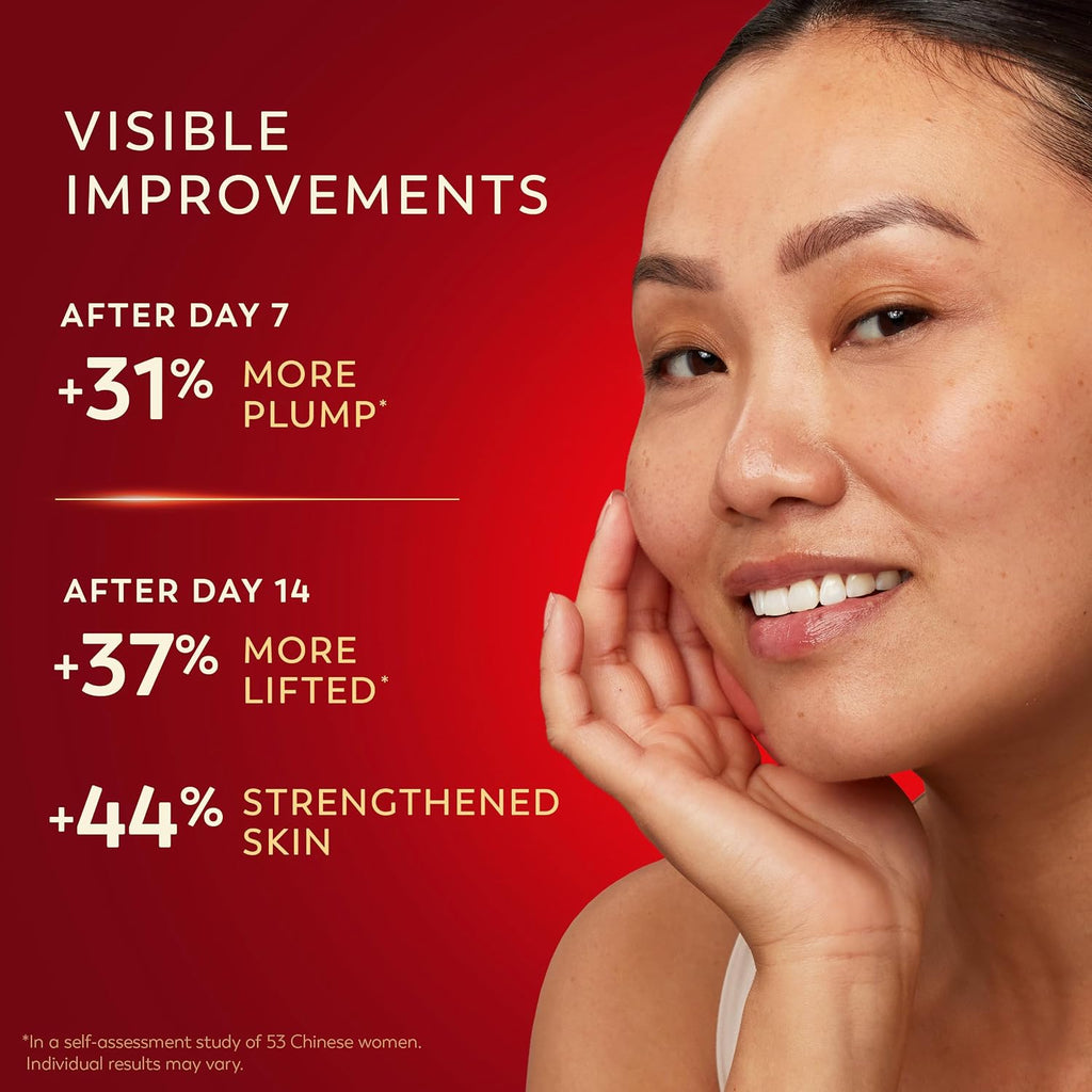 A close-up of a smiling woman with her hand near her face, set against a red background with text reading 'VISIBLE IMPROVEMENTS' and claims about plumpness, lifting, and skin strength after 7 and 14 days.