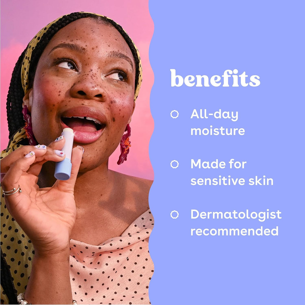Woman applying lip balm with product benefits listed on a pink and blue background