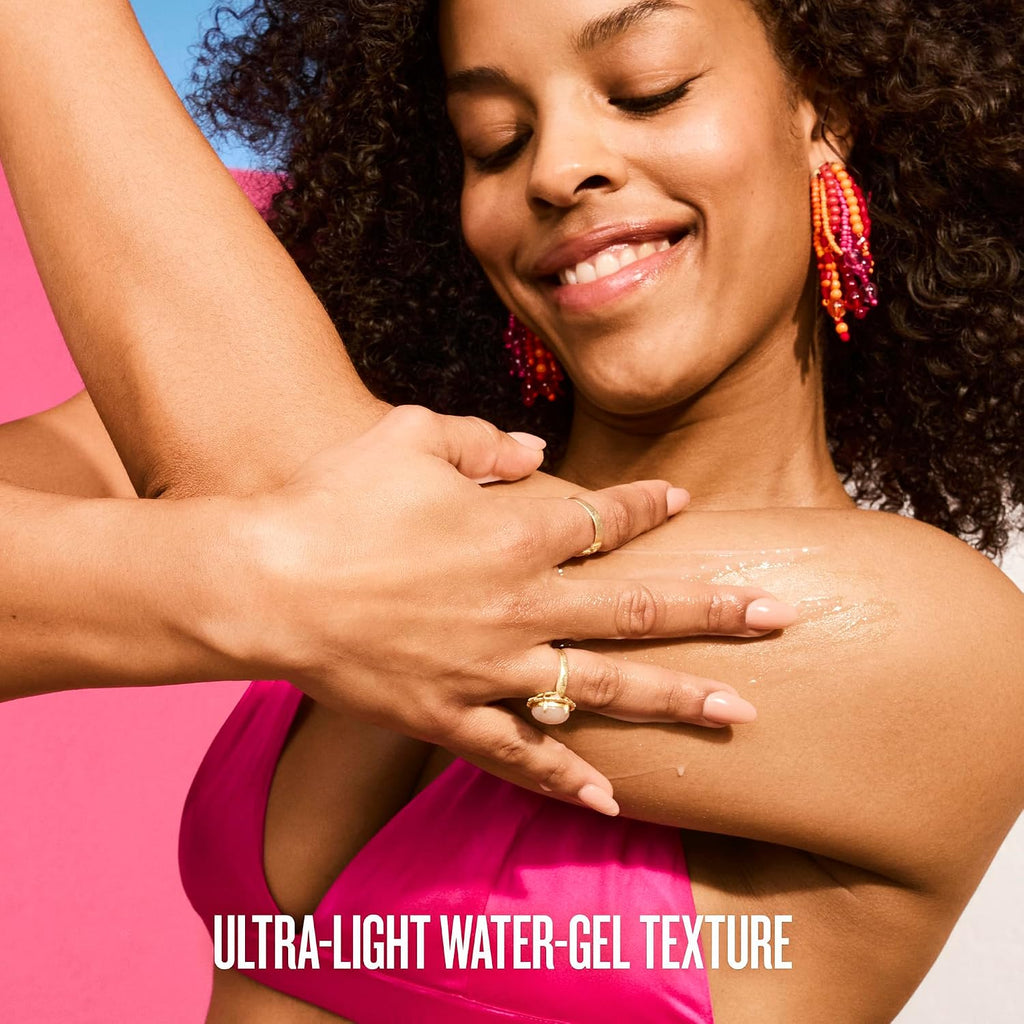 Woman with pink top and colorful earrings, with text 'ULTRA-LIGHT WATER-GEL TEXTURE'.