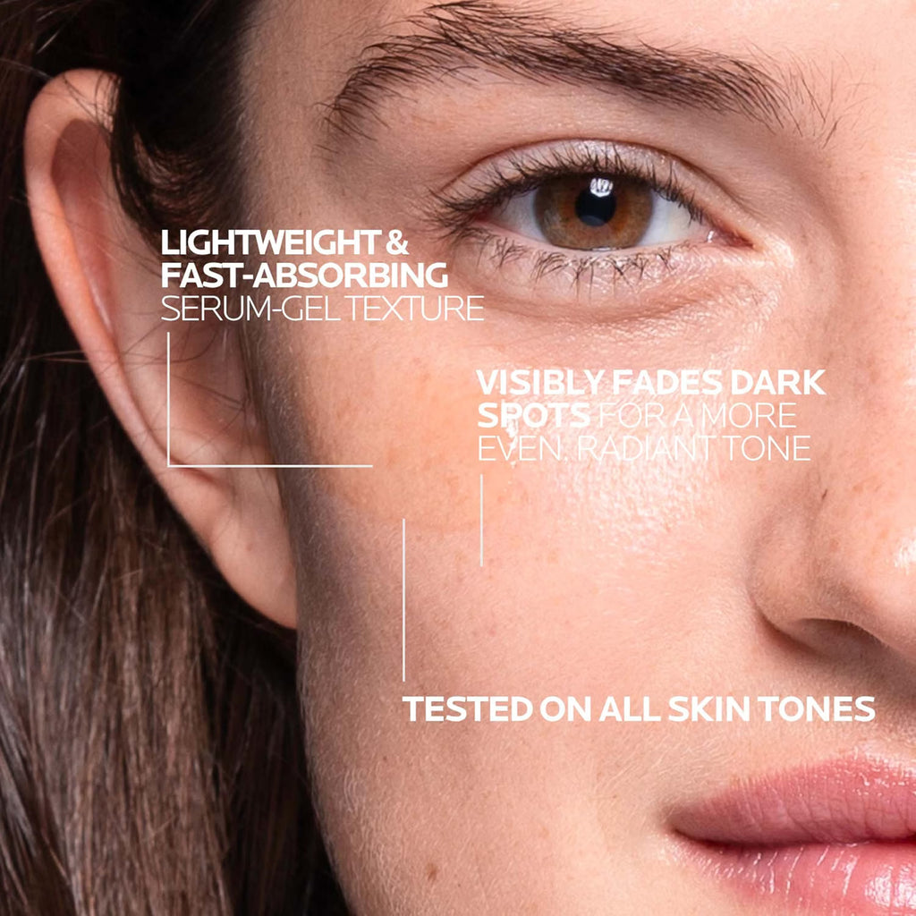 Close-up of a person's face with text highlighting skin care product features.