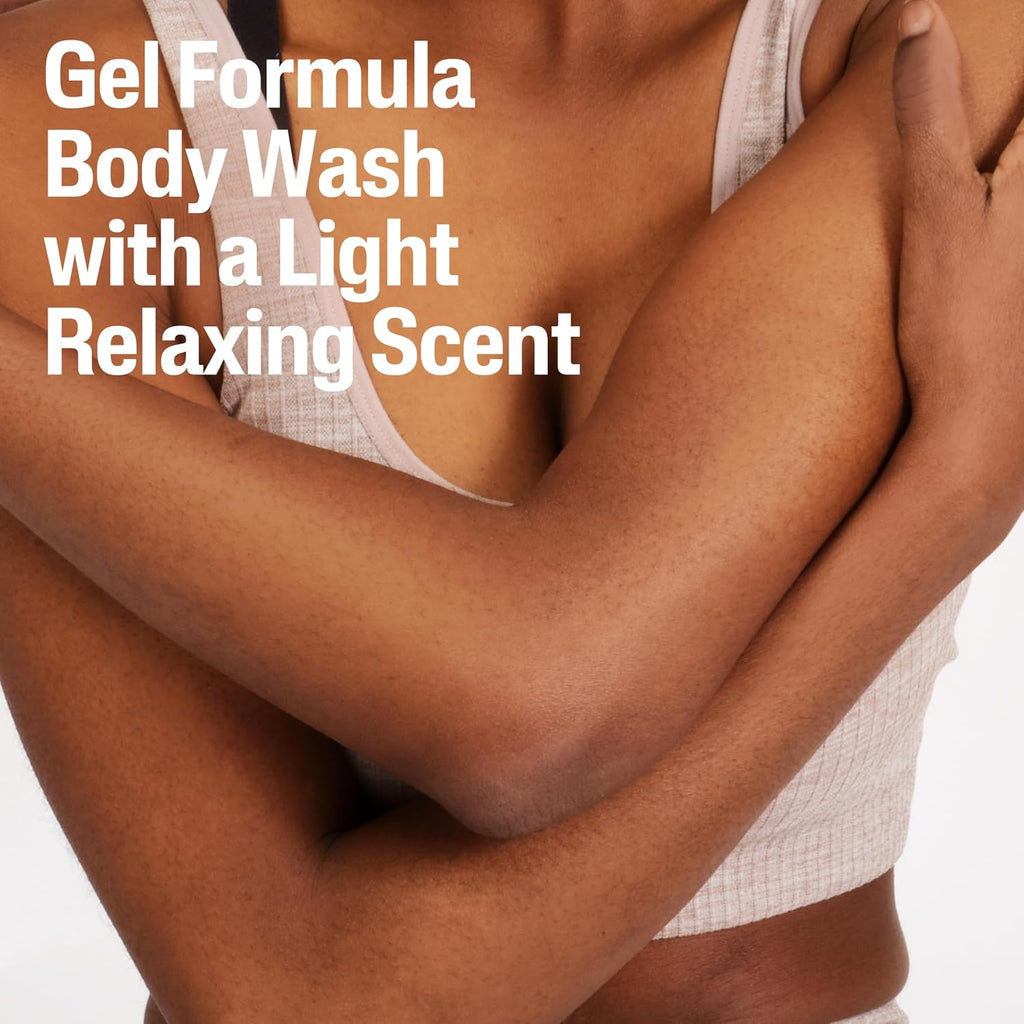 Person wearing a white tank top with text about gel formula body wash and a light relaxing scent.