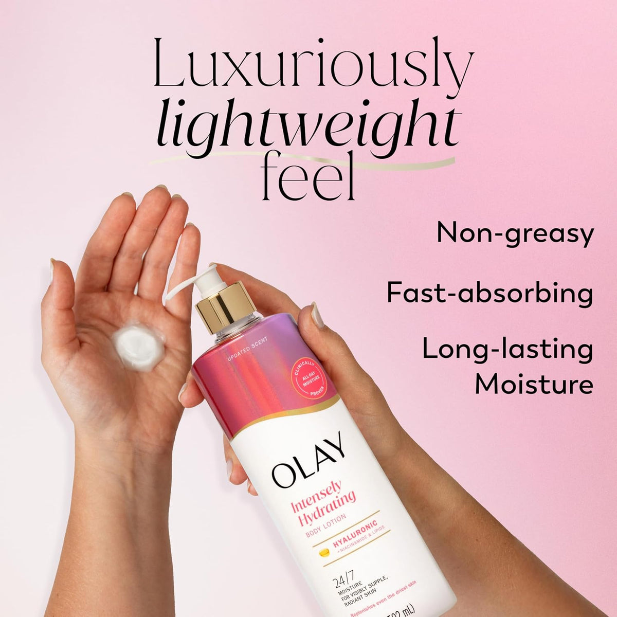 A person holds an Olay Intensively Hydrating with Lemon moisturizer bottle while dispensing white lotion into their palm, set against a soft pink background with promotional text.