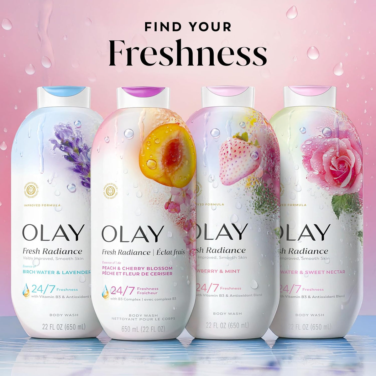Four Olay skincare products with floral designs on a pink background