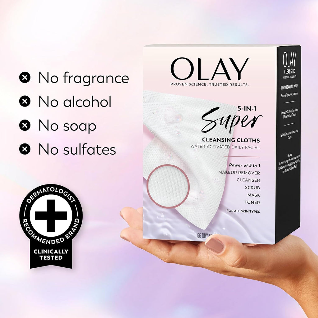 Olay | Super Cleansing Cloths 5-in-1 Water Activated Dry Cloths Fragrance Free — 99 Count
