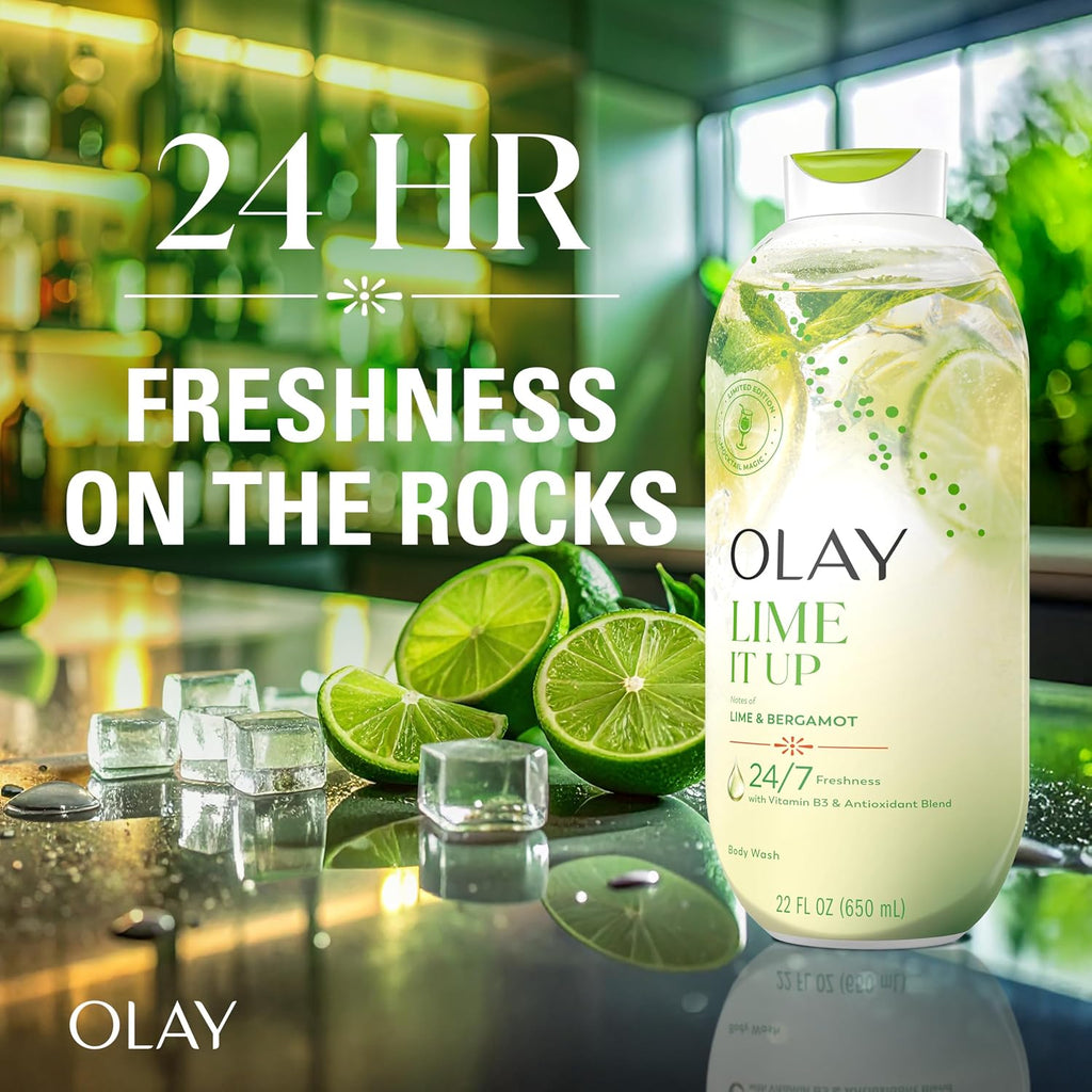 Olay Lime It Up skincare product with lime slices and ice cubes on a reflective surface.