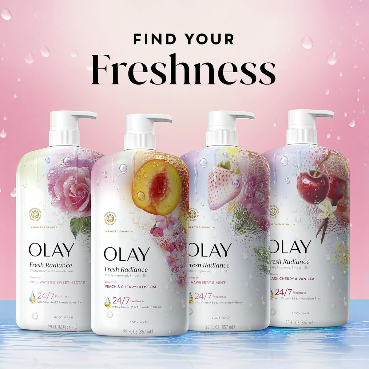 Four Olay Fresh Radiance bottles with fruit and flower designs on a pink background.