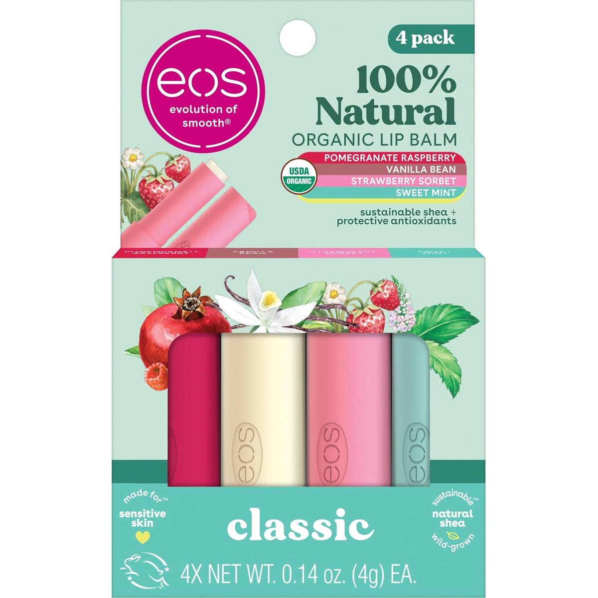 EOS Classic 100% Natural Organic Lip Balm 4-pack in a mint green box with illustrations of pomegranate, vanilla bean, strawberries, and mint leaves. The lip balms inside are pink, cream, coral, and light blue.