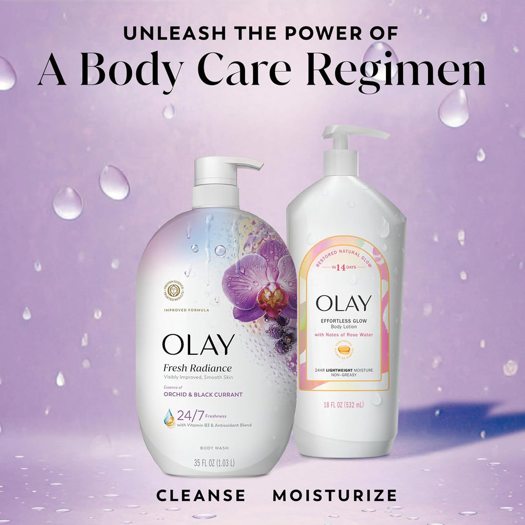 Two Olay body care products on a purple background with text about a body care regimen.